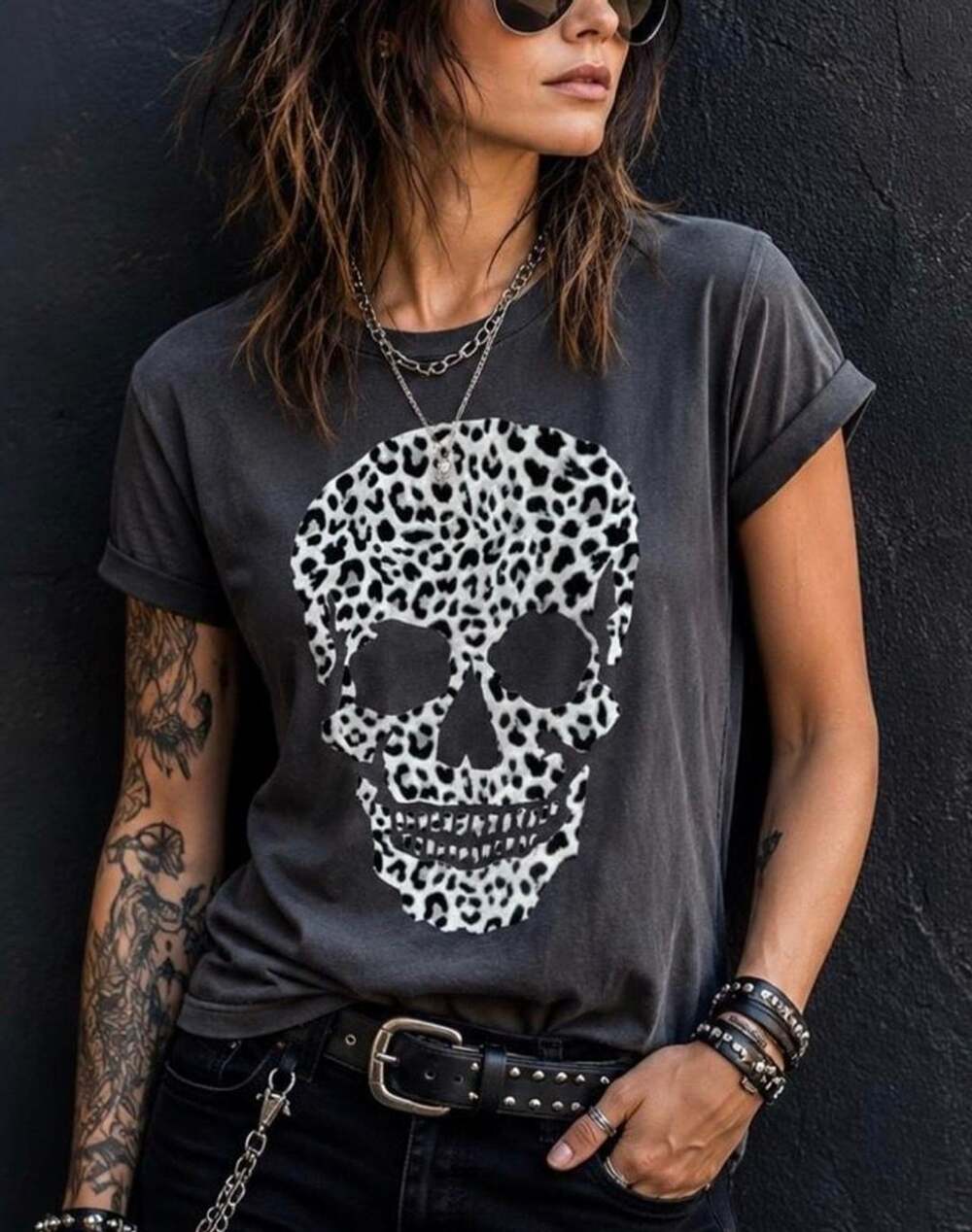 Chaser Wild Skull Graphic T-Shirt Size S Black Leopard